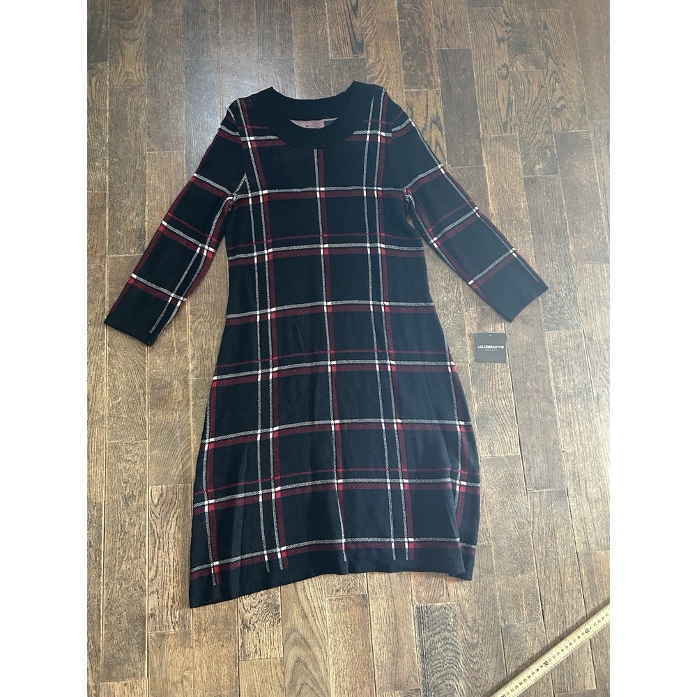 Liz Claiborne Plaid Long Sleeve Midi Dress Black Red Women's Size M NWT